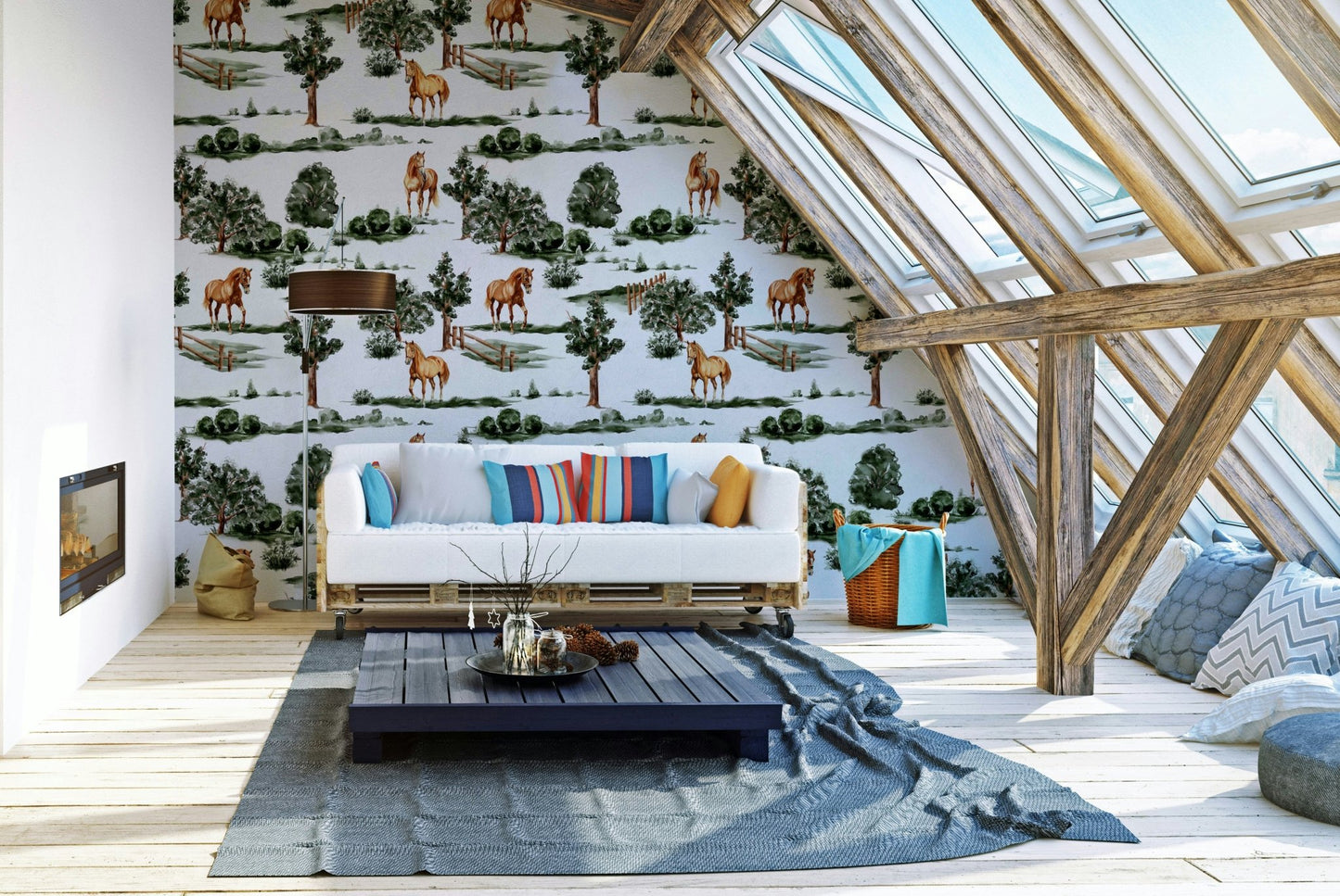 British countryside horses grazing among trees and fences Wallpaper⁠