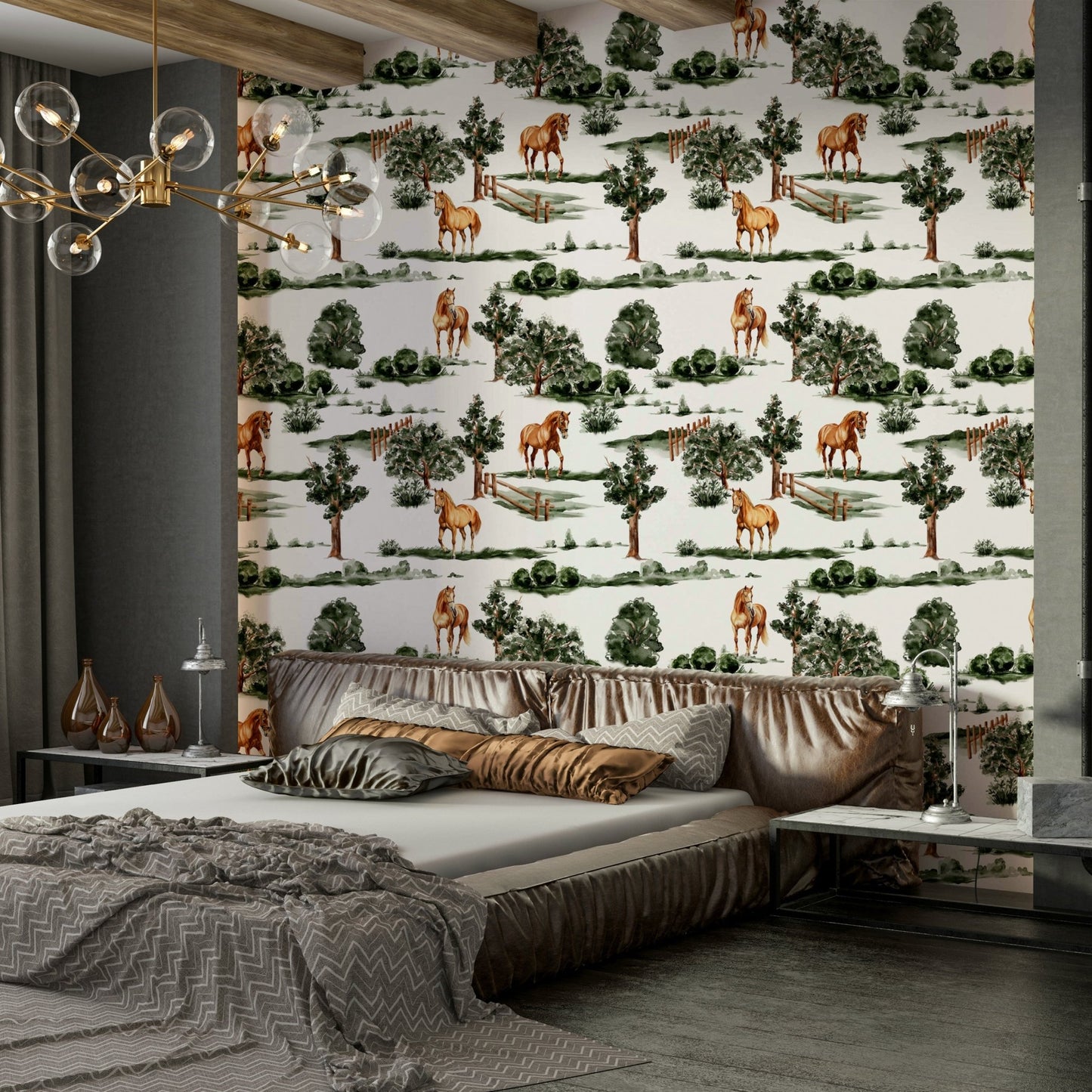 British countryside horses grazing among trees and fences Wallpaper⁠