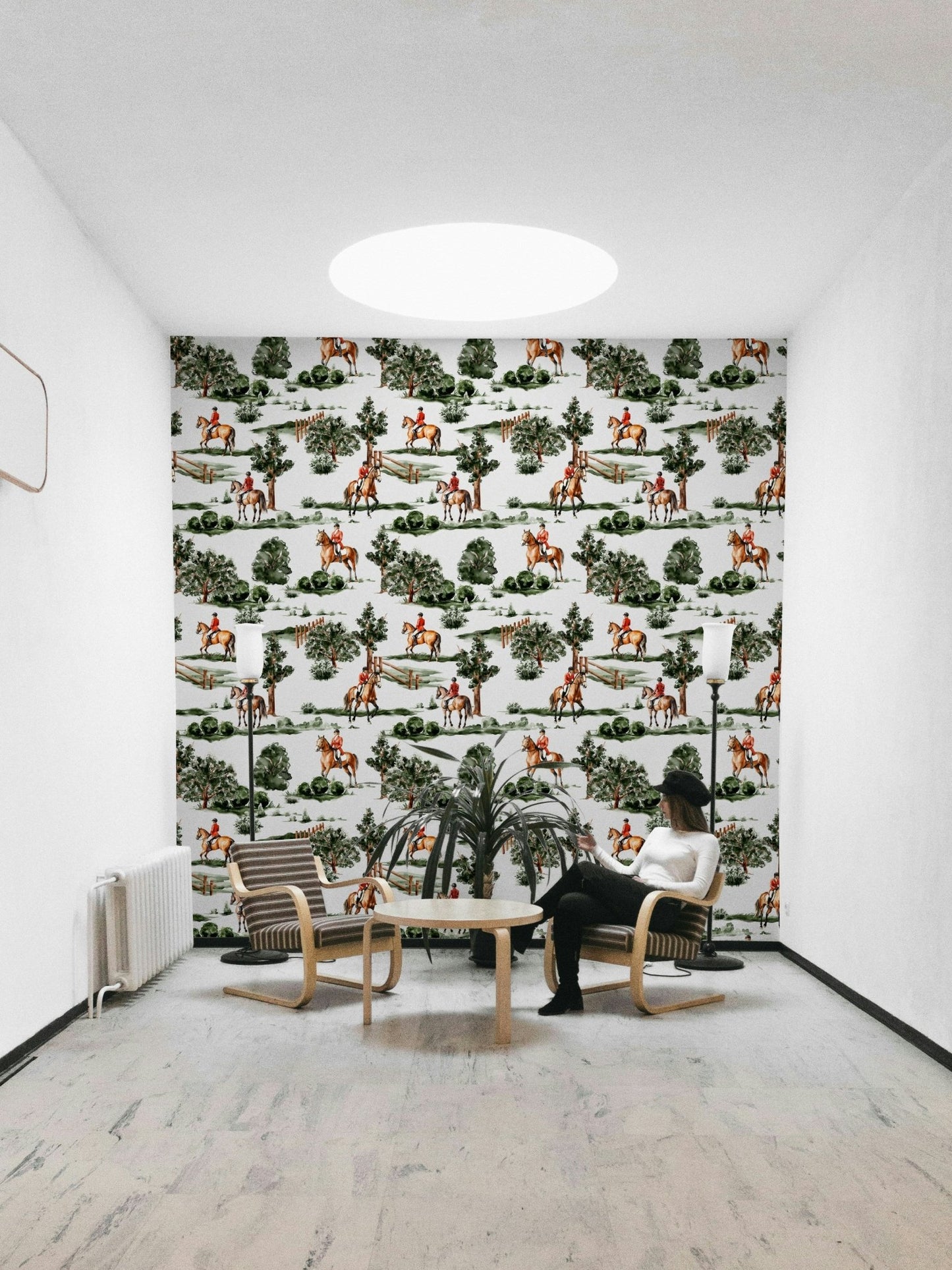 British hunting riders on horseback in lush countryside Wallpaper⁠