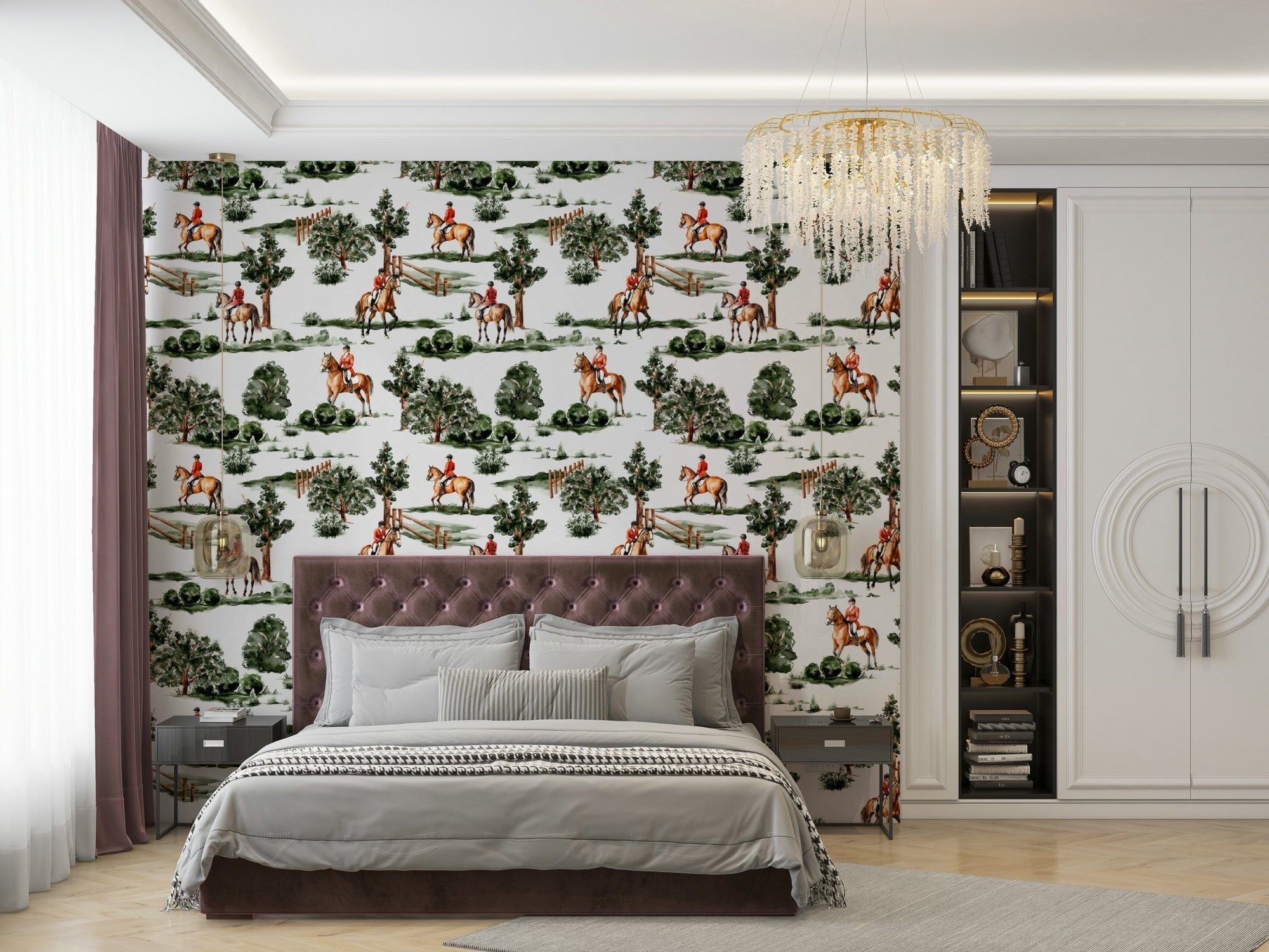 British hunting riders on horseback in lush countryside Wallpaper⁠ GD3992