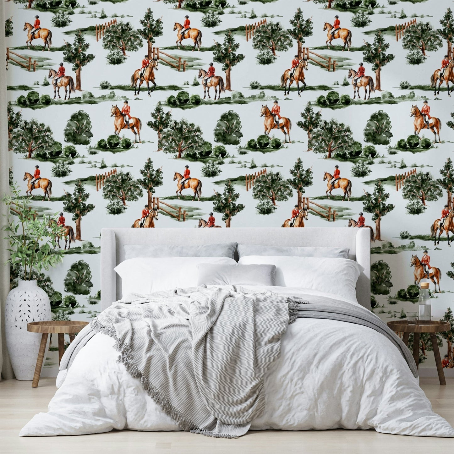 British hunting riders on horseback in lush countryside Wallpaper⁠
