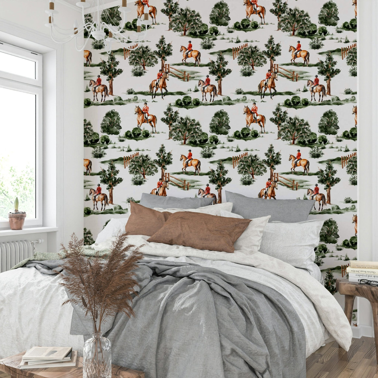 British hunting riders on horseback in lush countryside Wallpaper⁠