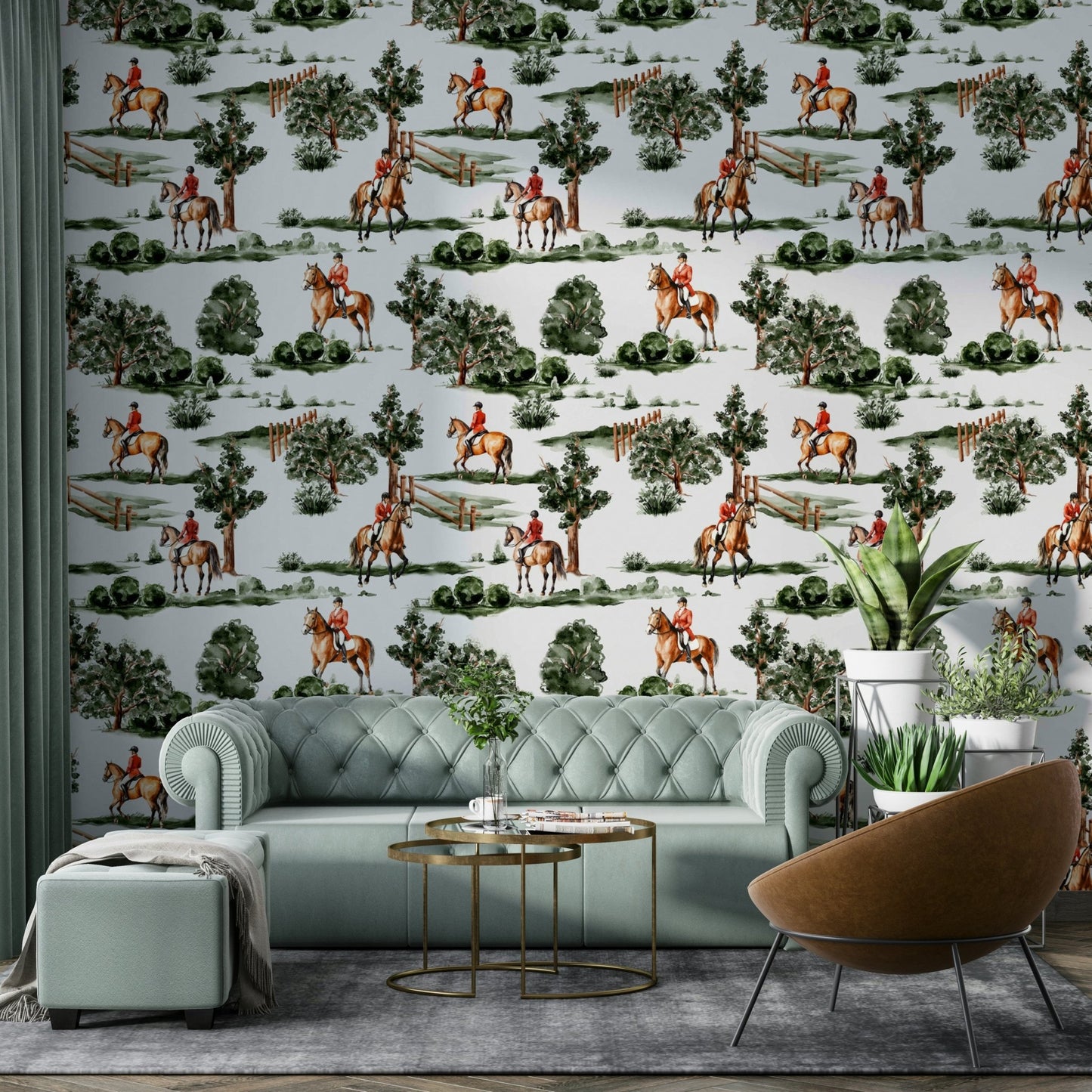 British hunting riders on horseback in lush countryside Wallpaper⁠