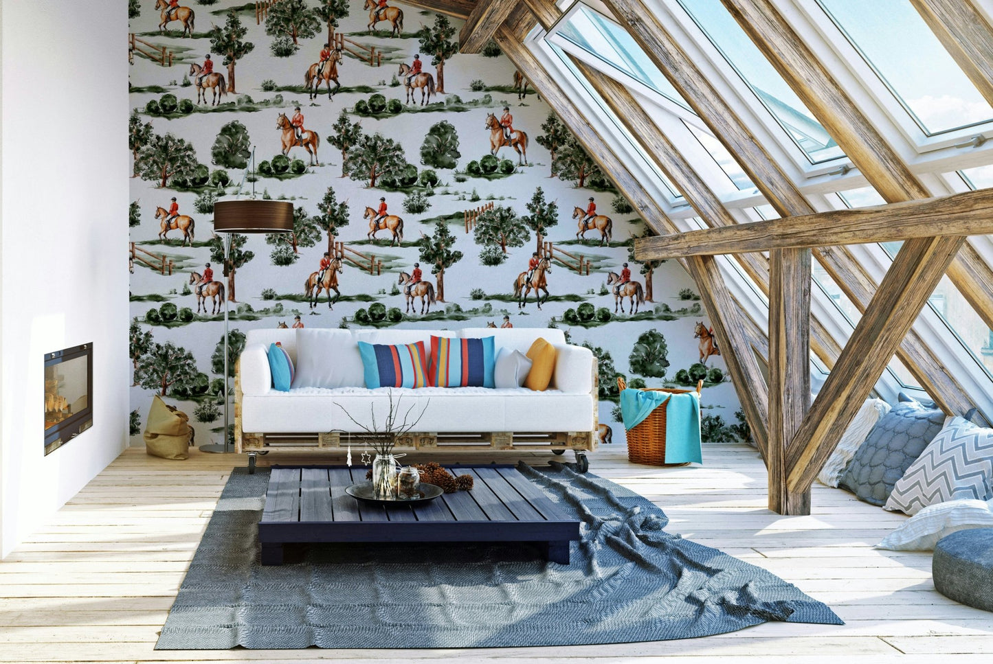 British hunting riders on horseback in lush countryside Wallpaper⁠