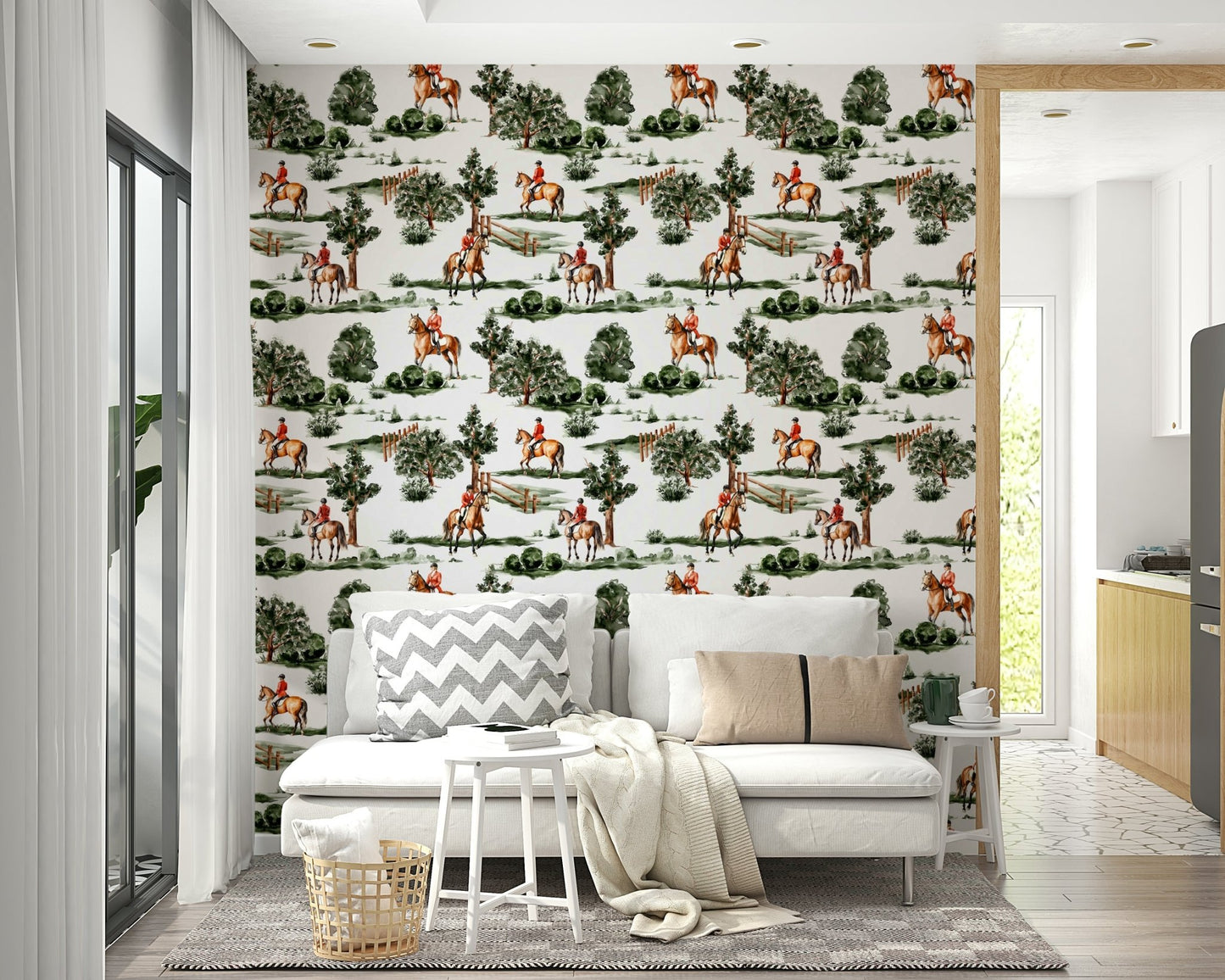 British hunting riders on horseback in lush countryside Wallpaper⁠