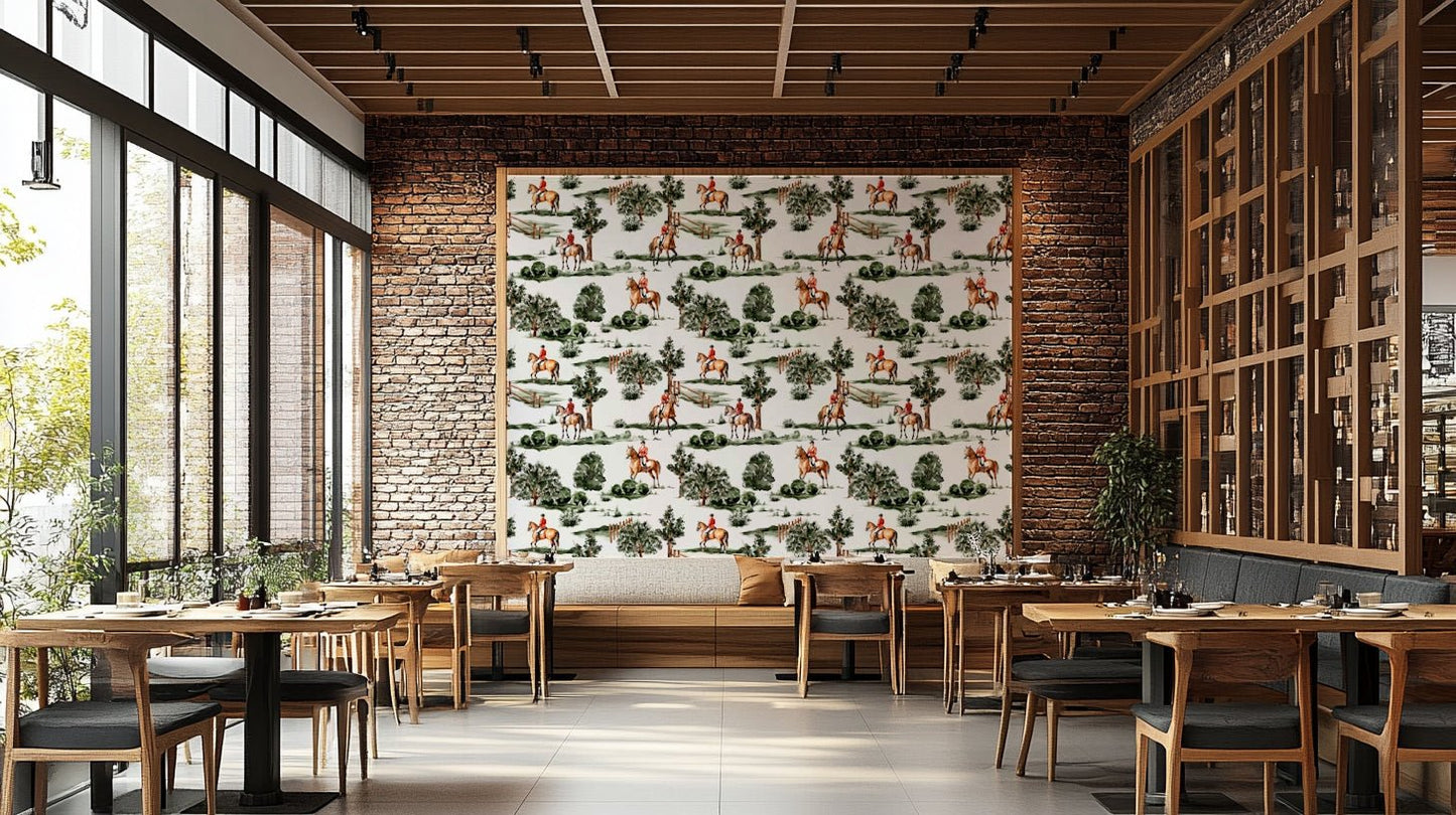British hunting riders on horseback in lush countryside Wallpaper⁠