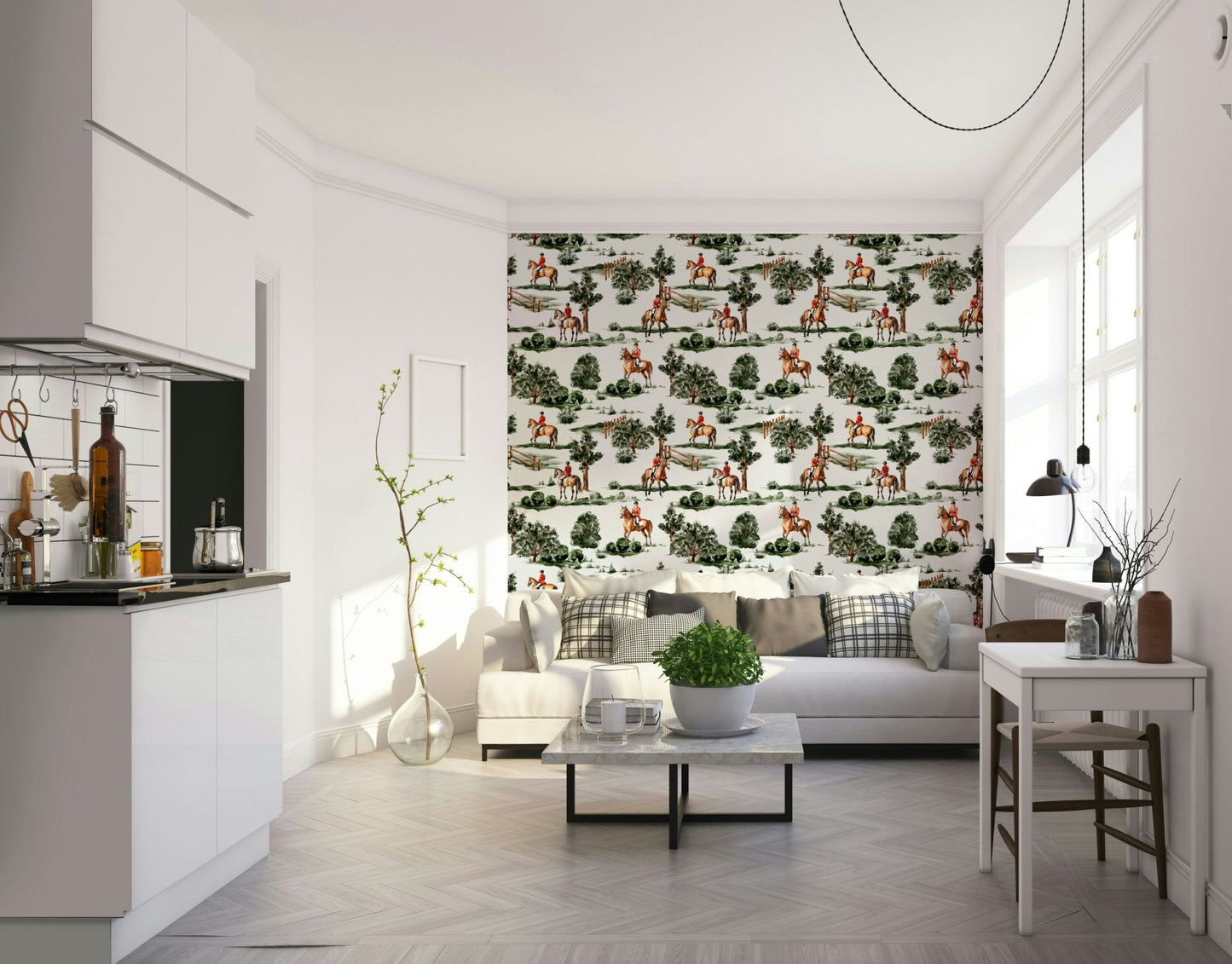 British hunting riders on horseback in lush countryside Wallpaper⁠