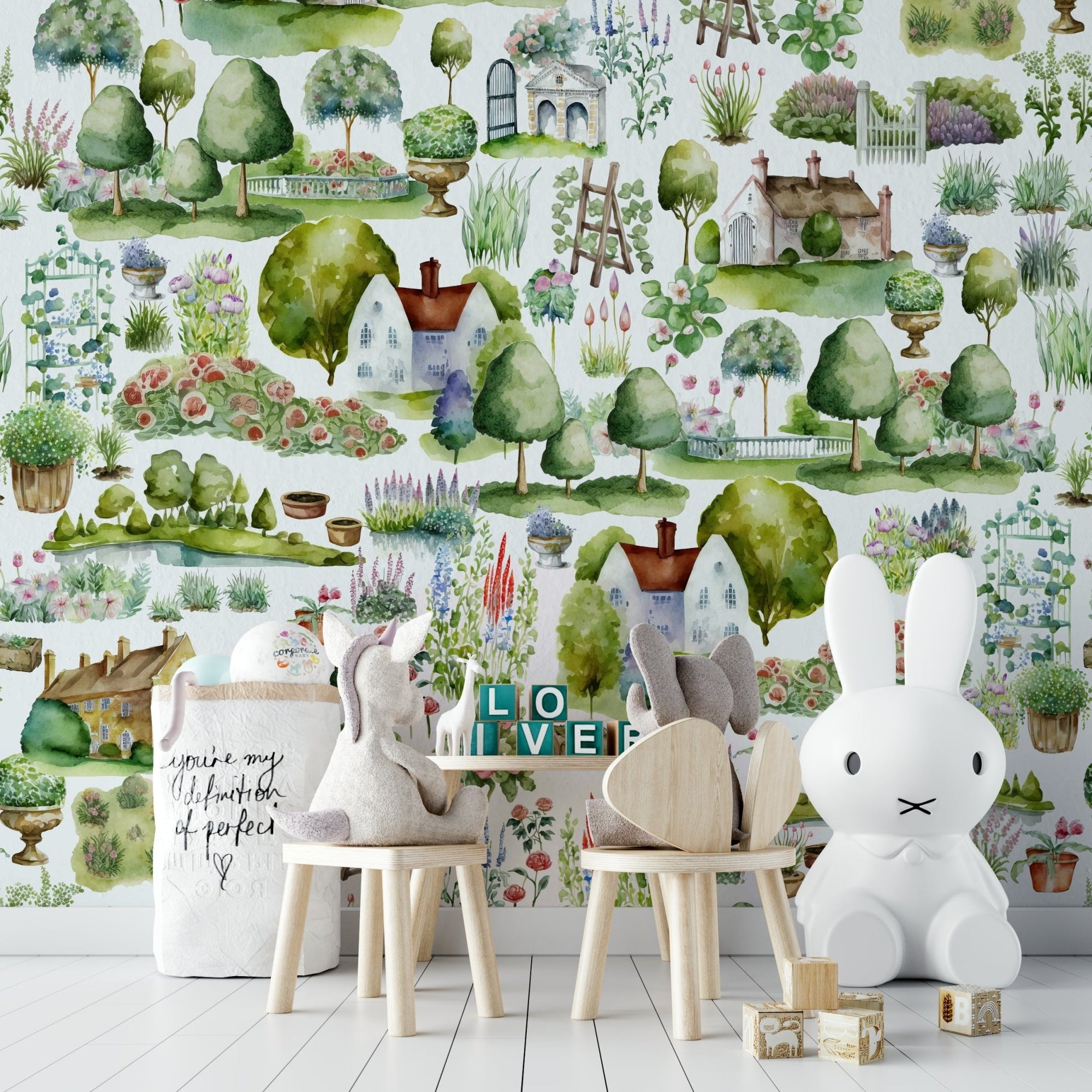British Watercolor Countryside Cottage Garden Village Scene Wall Mural GD3974