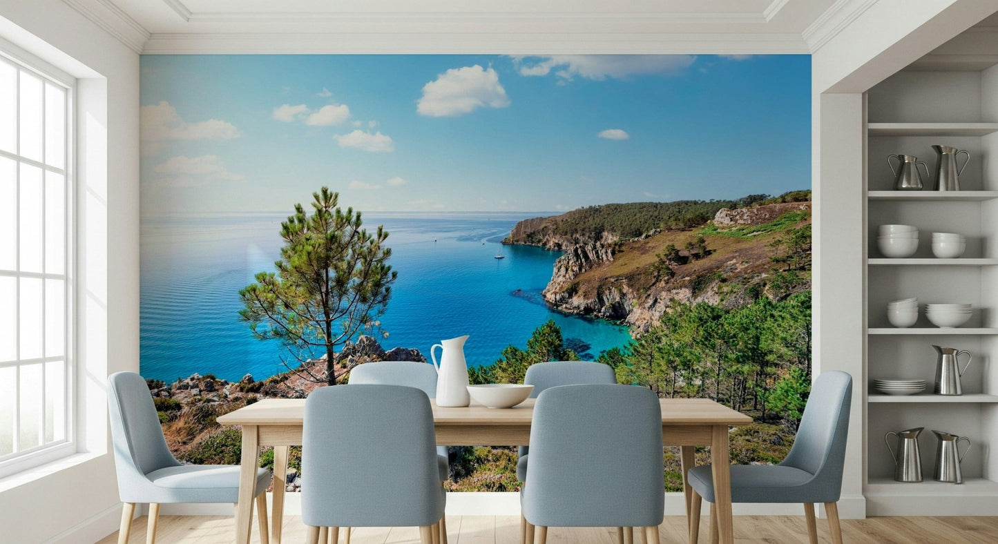 Framed behind the dining table, Brittany Vista Wall Mural opens the room beautifully