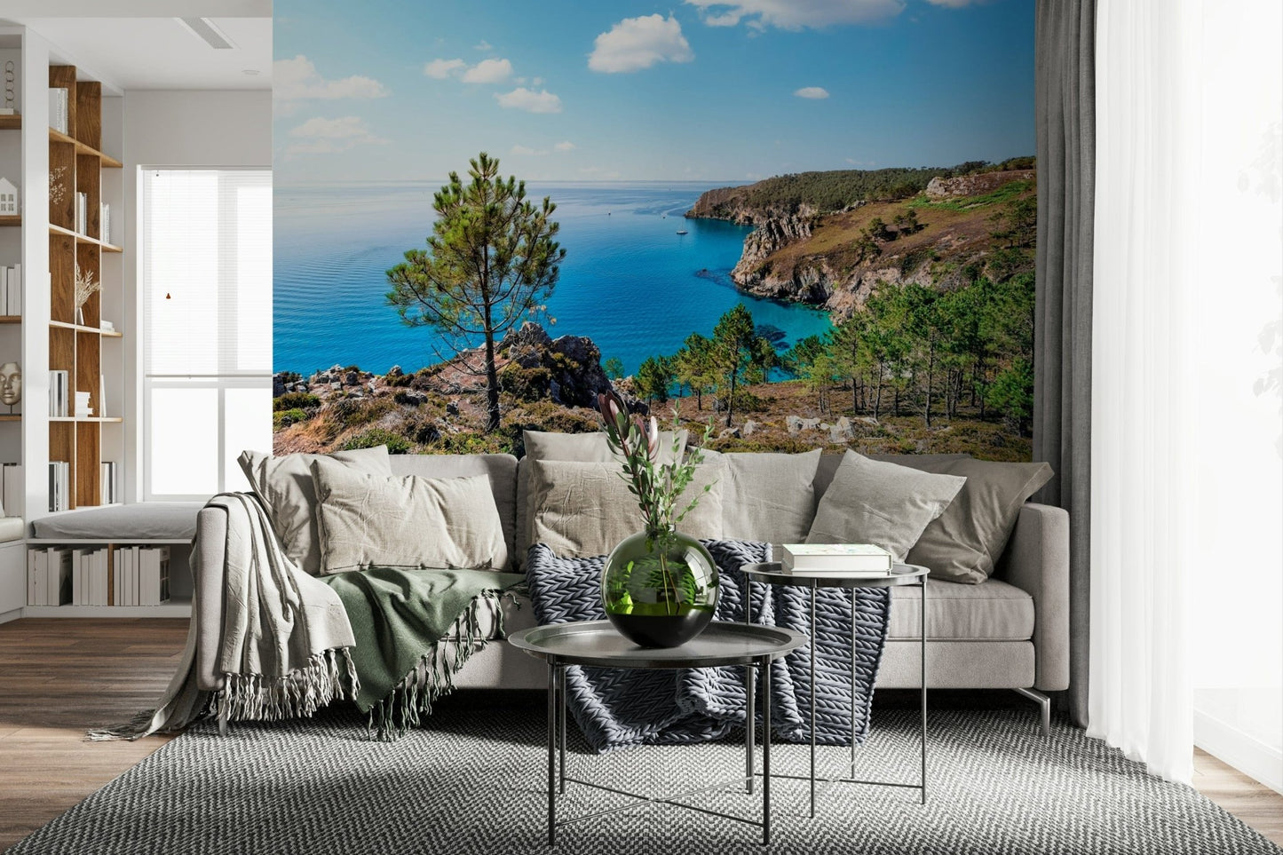 Brittany Vista Wall Mural adds fresh seaside depth to this calm living room setting