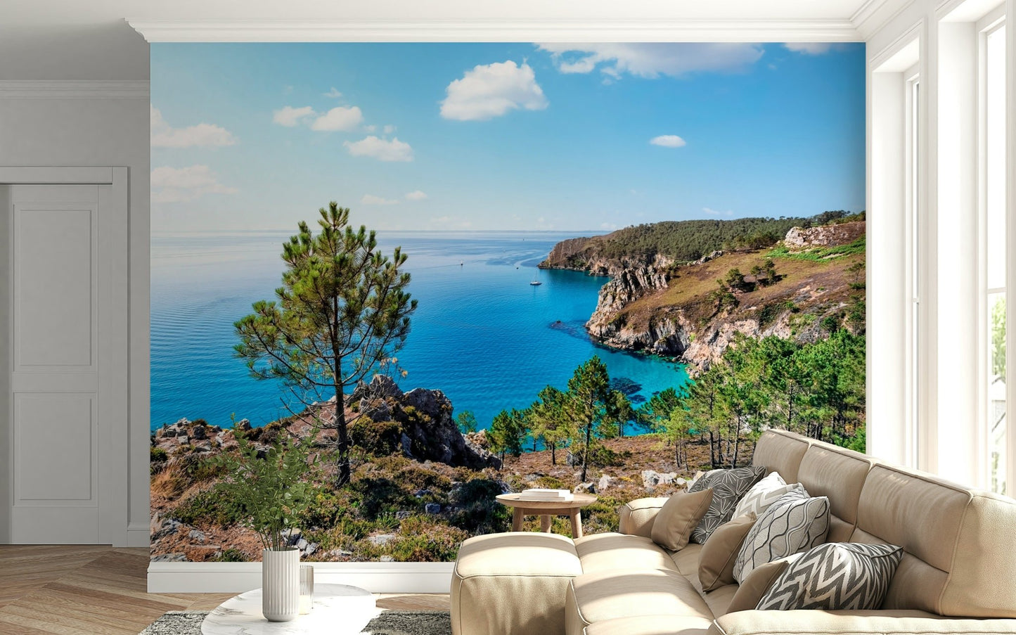 A bright sofa space feels lighter with Brittany Vista Wall Mural 
