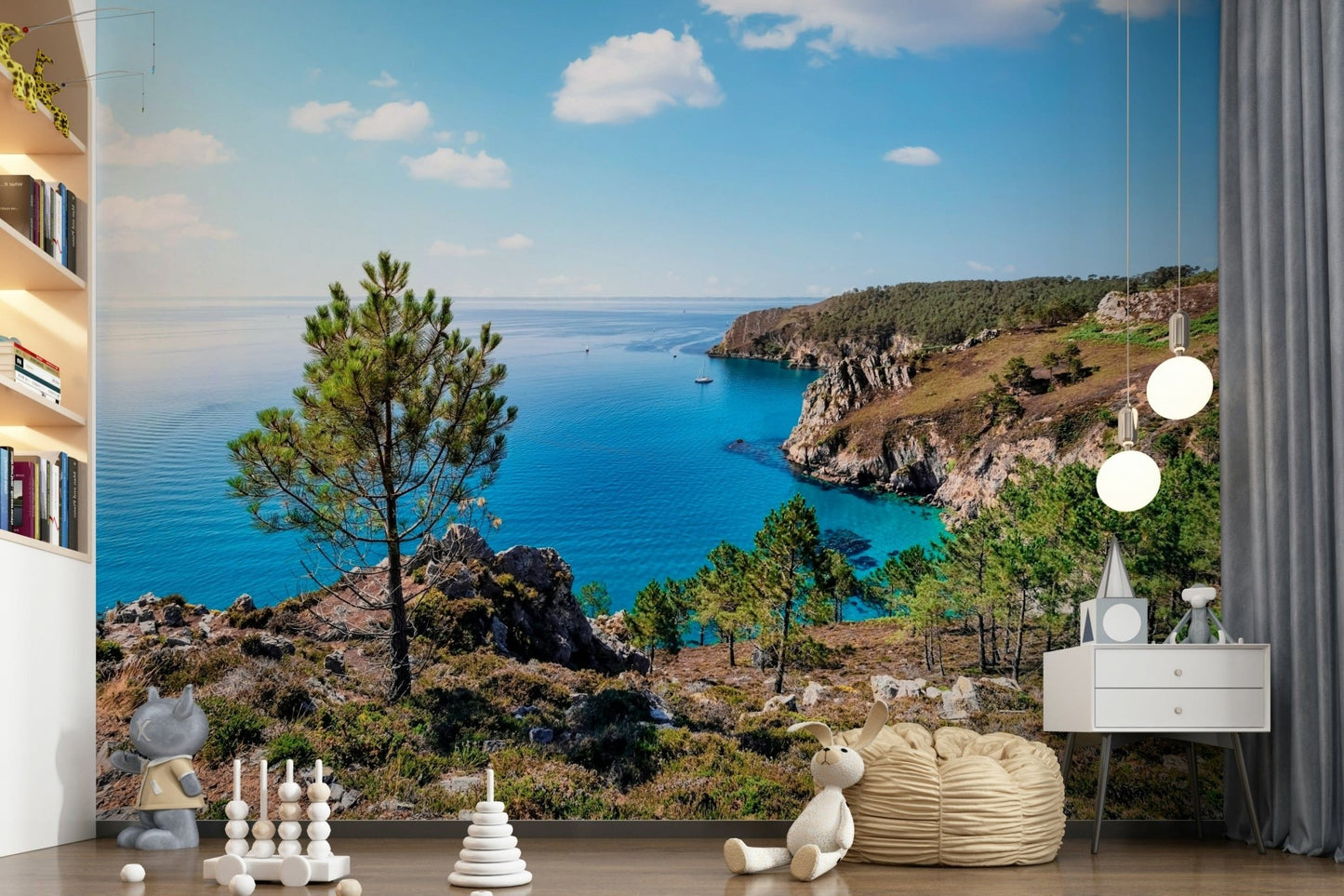 Brittany Vista Wall Mural gives this styled corner a breezy cliffside outlook