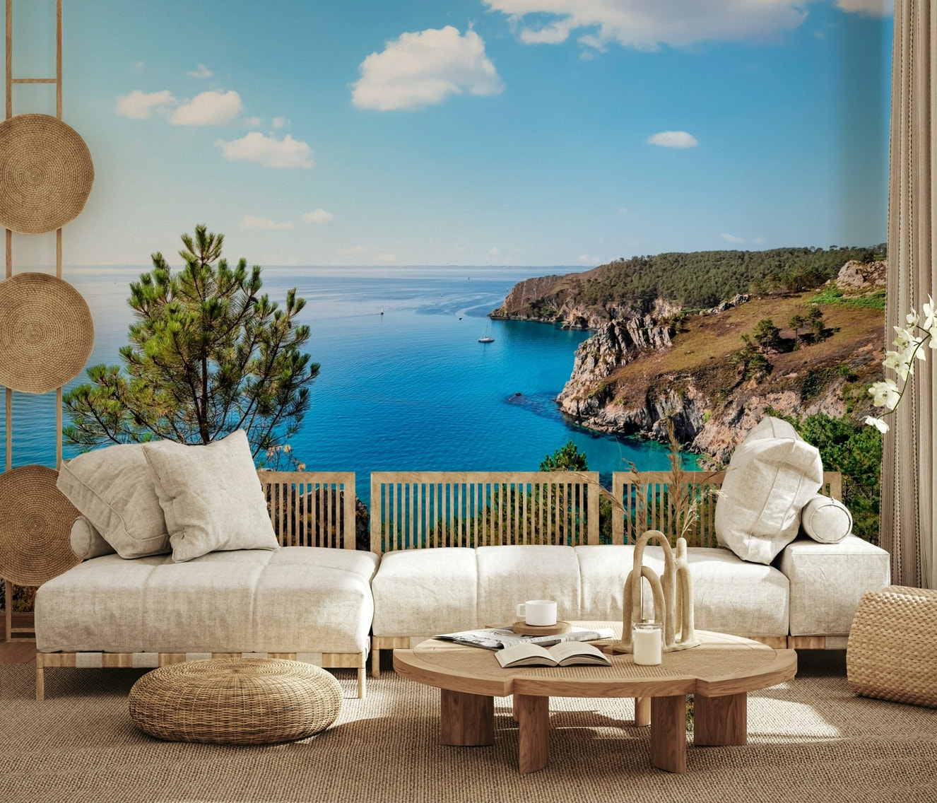 In this sunlit sitting area, Brittany Vista Wall Mural creates a relaxed coastal feature