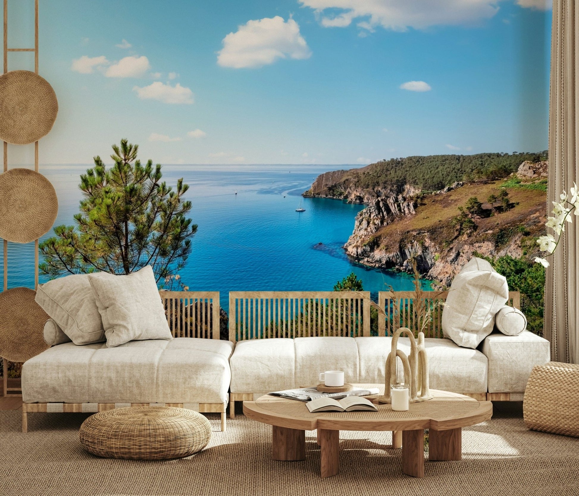 In this sunlit sitting area, Brittany Vista Wall Mural creates a relaxed coastal feature