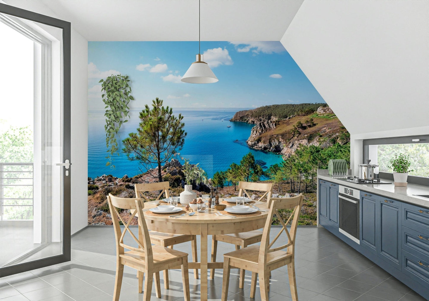 Brittany Vista Wall Mural adds a crisp sea-facing view to this kitchen dining area