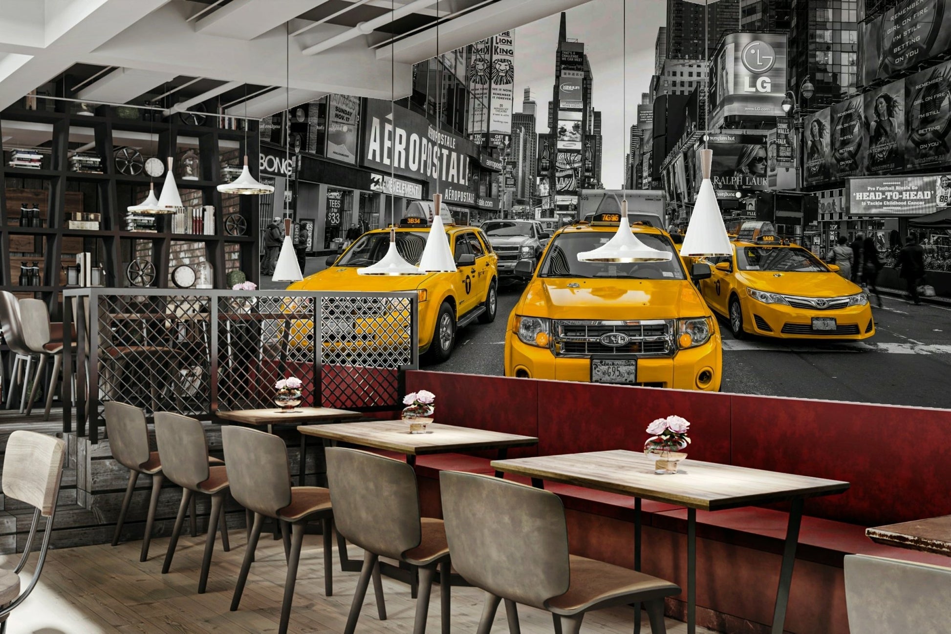 Black-and-white cityscape with vibrant yellow taxis, GD2322