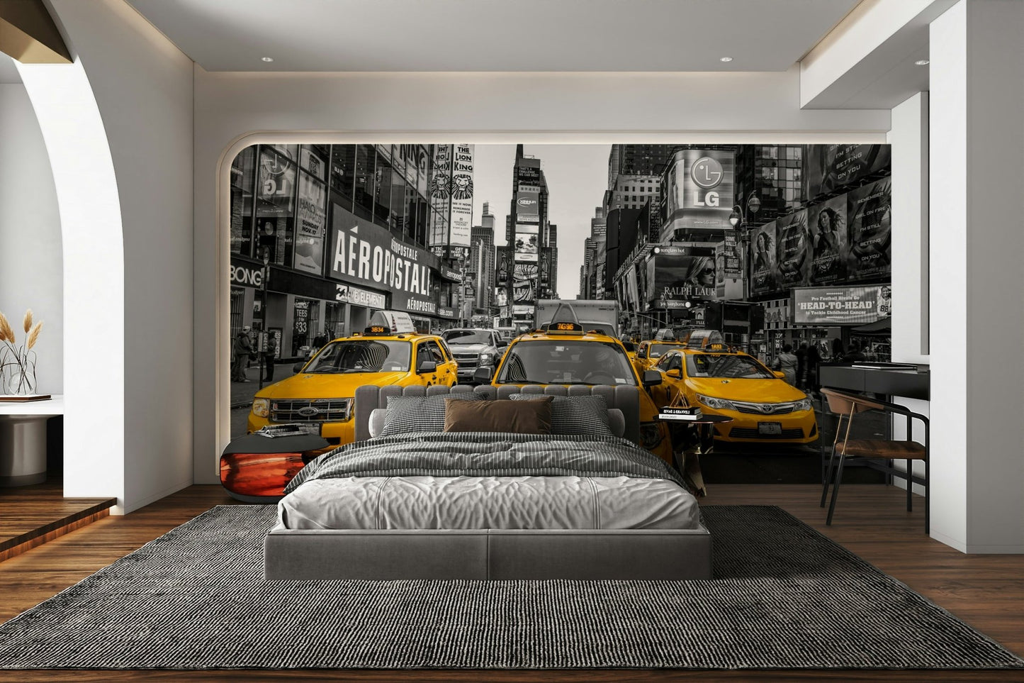 Yellow taxis adding a pop of color to the black-and-white background, GD2322