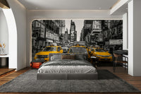Yellow taxis adding a pop of color to the black-and-white background, GD2322