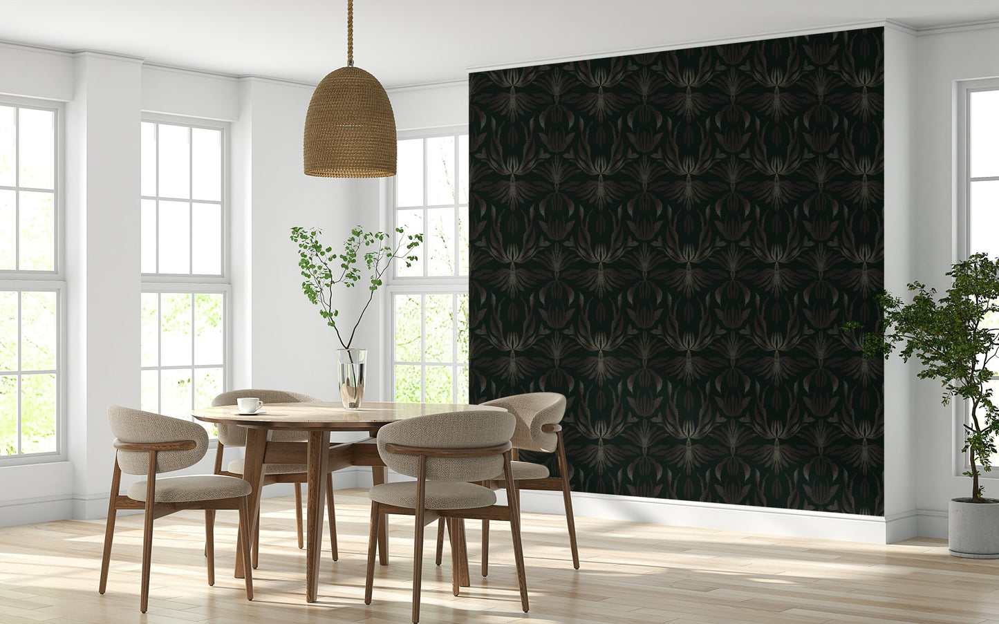 A graceful subtle bloom wall mural in dark, elegant tones.