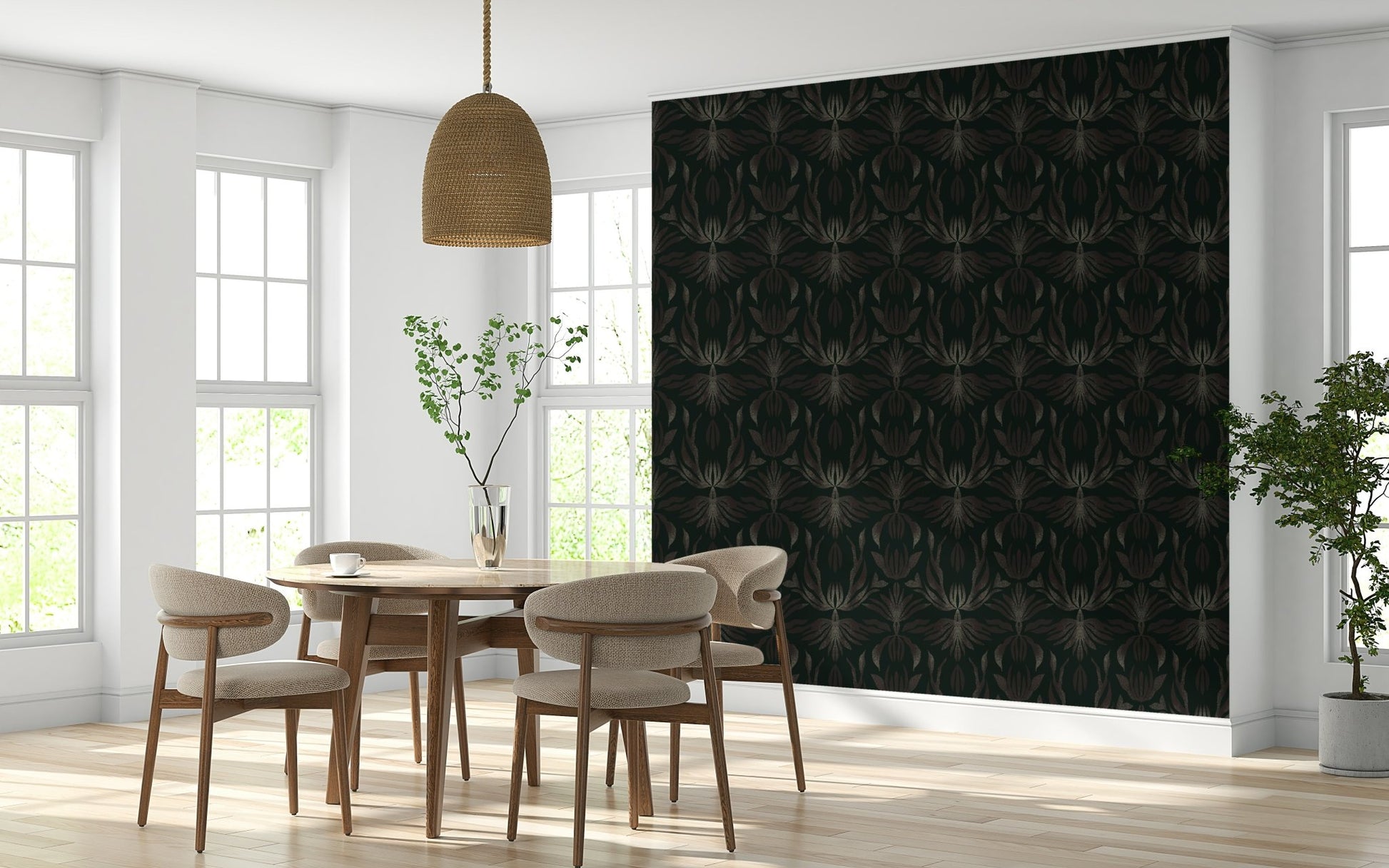 A graceful subtle bloom wall mural in dark, elegant tones.