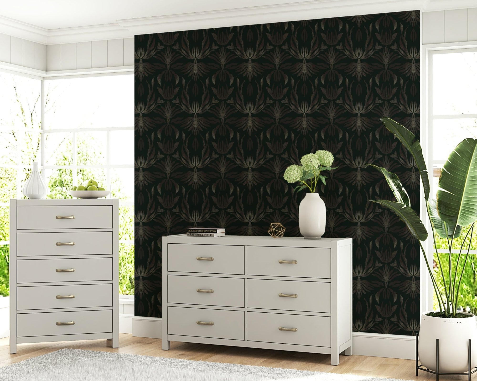 A beautiful bronze floral fantasy wallpaper mural with luxurious, shimmering effects., GD5970