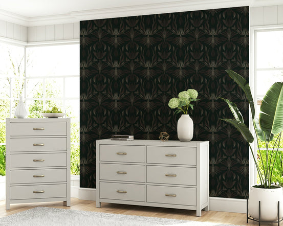 A beautiful bronze floral fantasy wallpaper mural with luxurious, shimmering effects., GD5970