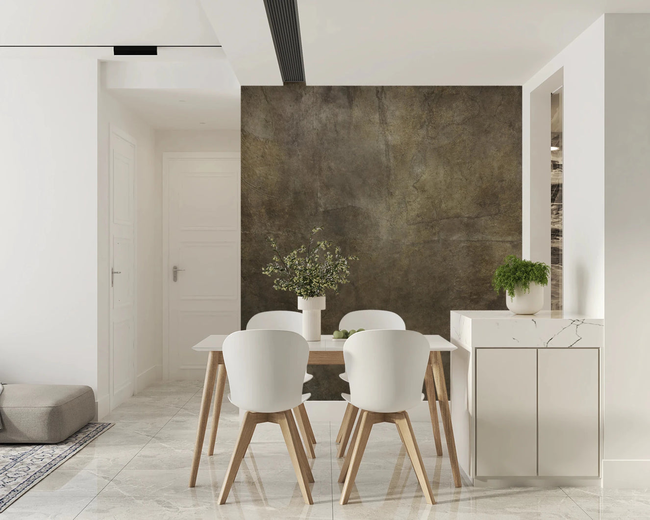 Dining area setup where Bronze Paper Collage Wall Mural adds a textured backdrop