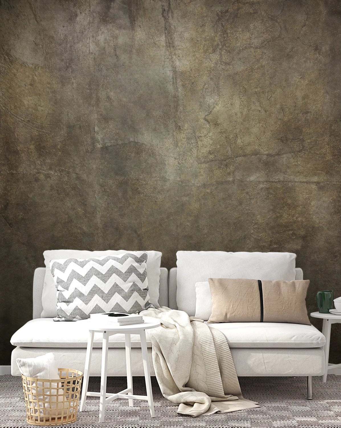 Living room scene with Bronze Paper Collage Wall Mural behind a soft neutral sofa