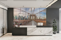 Manhattan skyline in the distance.

