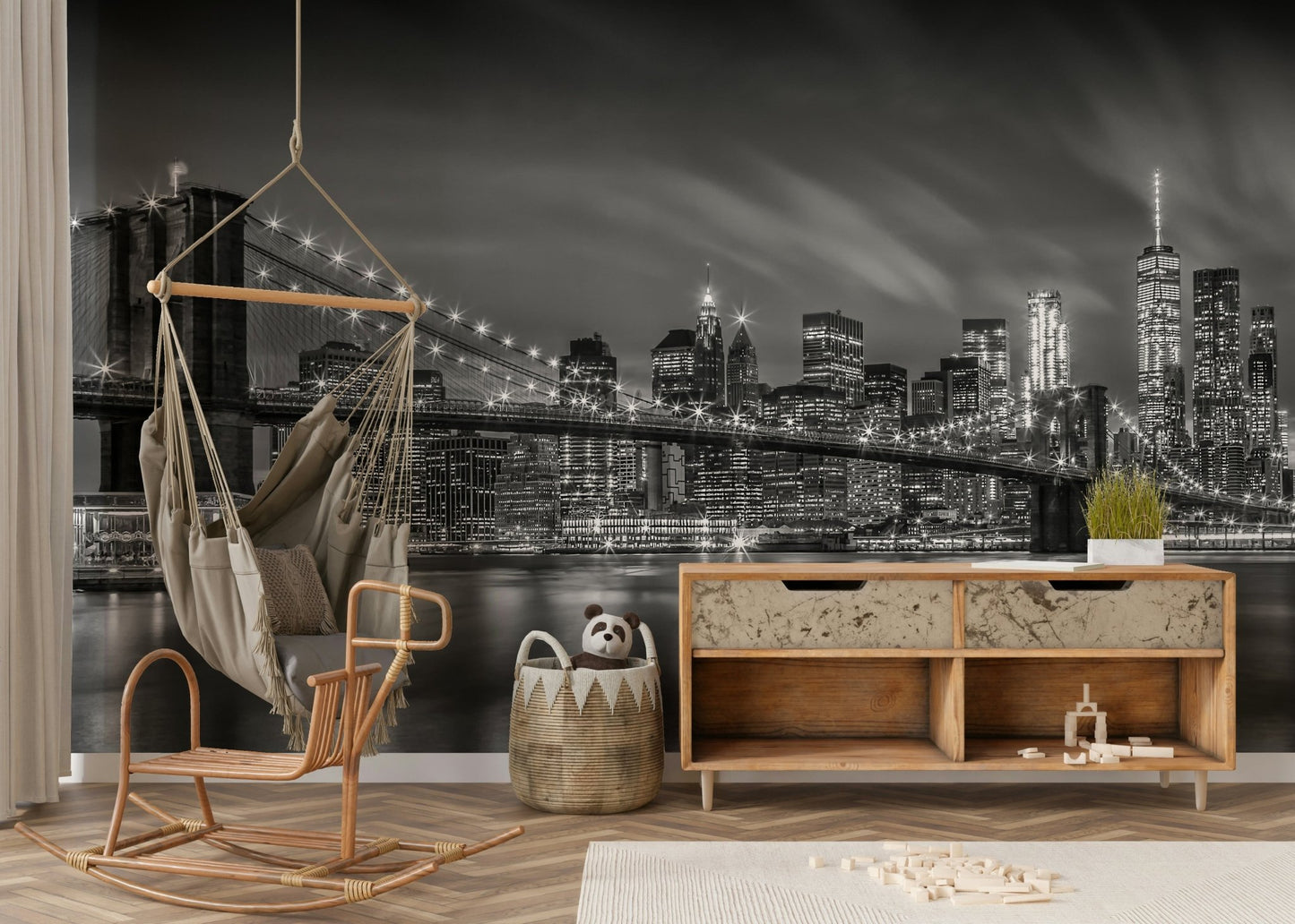 Classic black-and-white Brooklyn Bridge mural for walls

