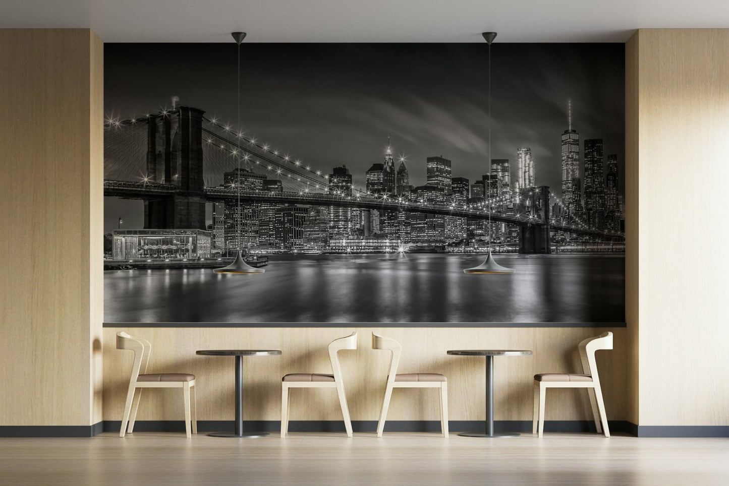 Black and white Brooklyn Bridge mural for dramatic decor

