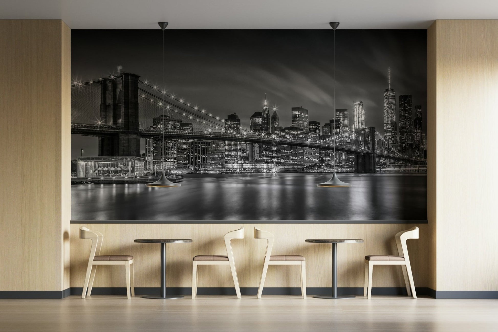 Black and white Brooklyn Bridge mural for dramatic decor

