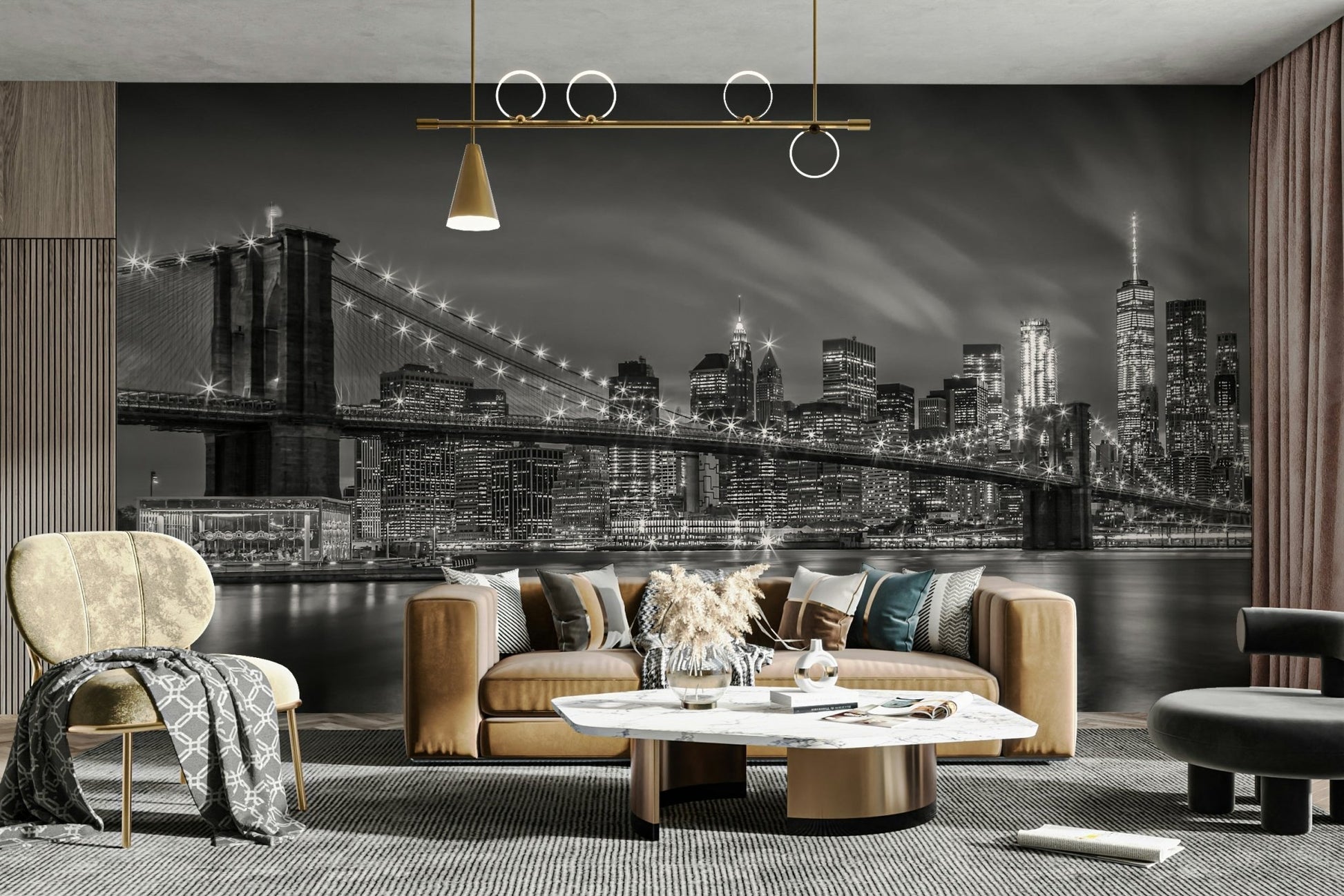 Nighttime Brooklyn Bridge mural for sophisticated living rooms

