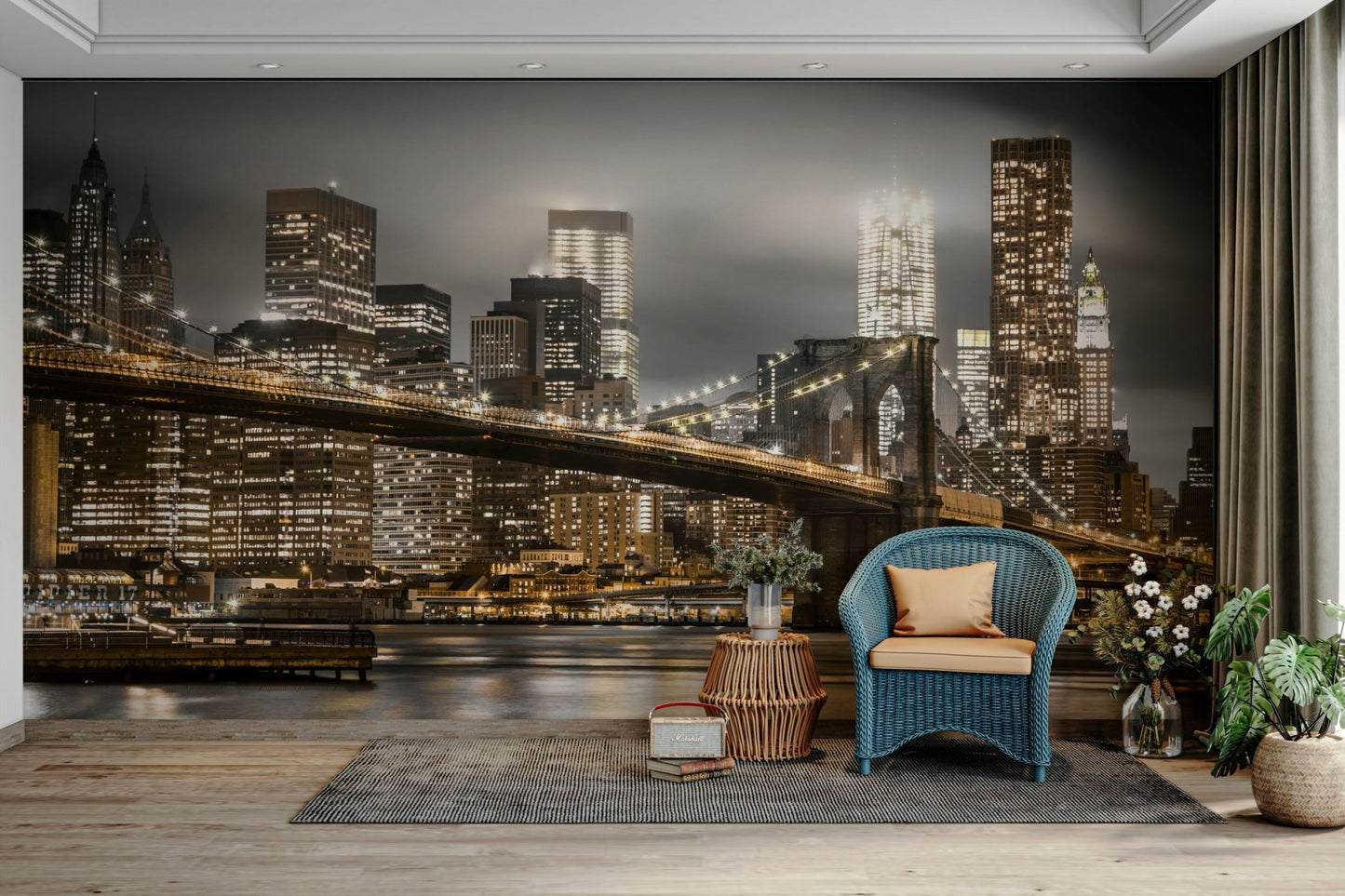 New York City skyline at night with Brooklyn Bridge

