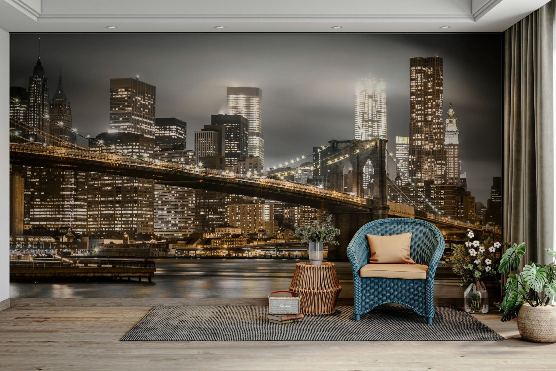 New York City skyline at night with Brooklyn Bridge

