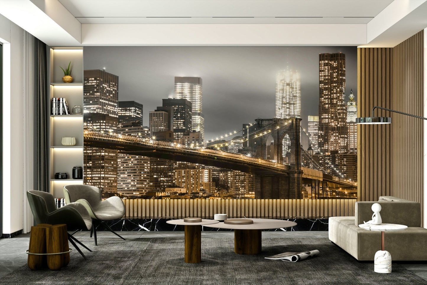 Nighttime on Brooklyn Bridge with lights and reflections

