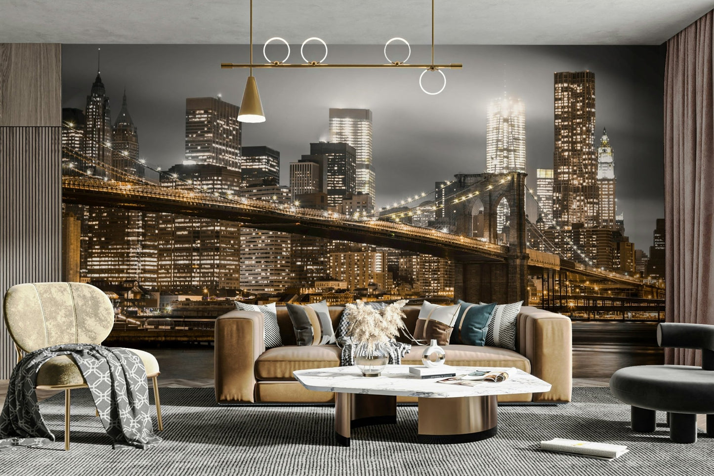 Urban landscape featuring Brooklyn Bridge at night

