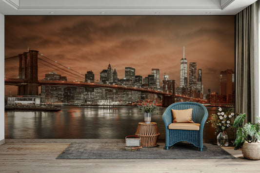 Brooklyn Bridge wall mural at twilight

