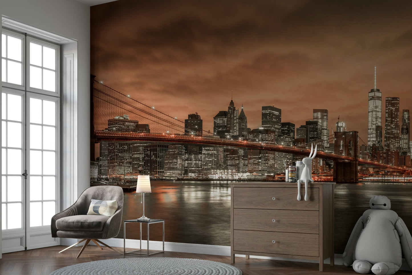 Classic New York mural with urban landscape

