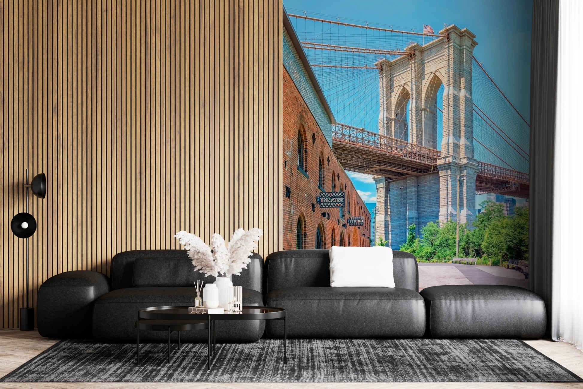 Brooklyn Bridge mural with New York urban scene