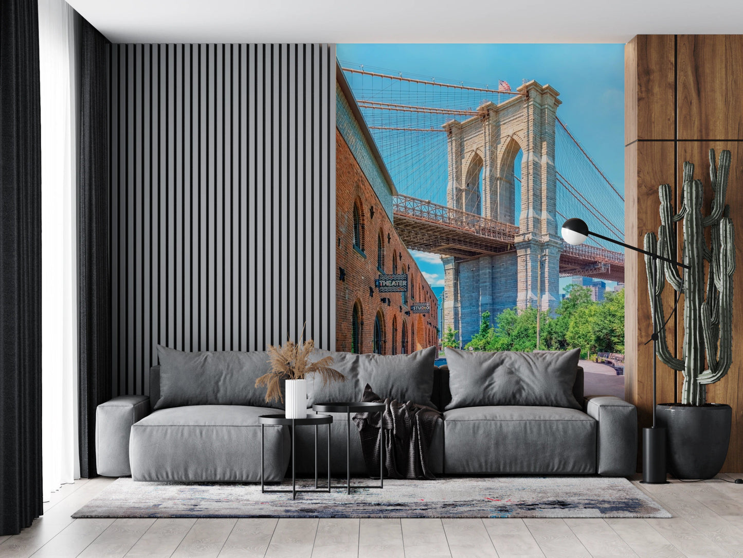 Brooklyn Bridge mural with brick buildings New York