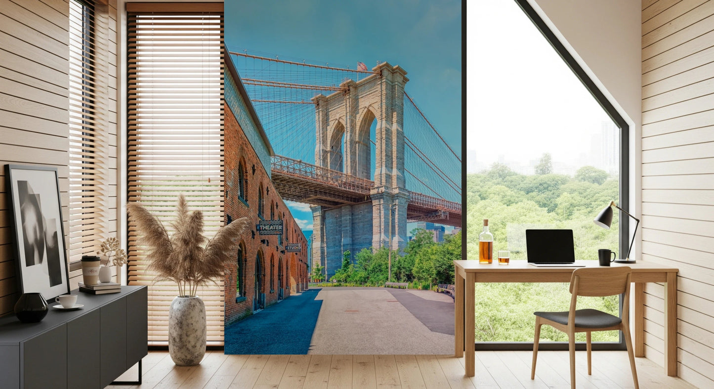 Urban New York city wall mural with bridge