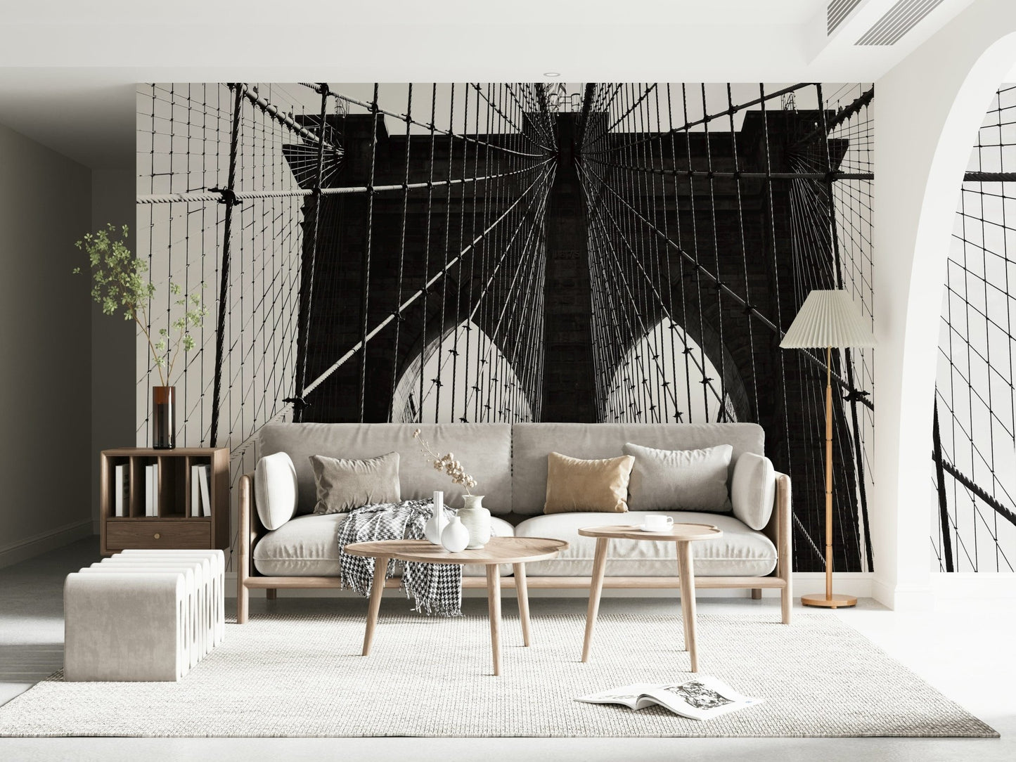 Bold monochrome wallpaper for a modern reception area accent wall.