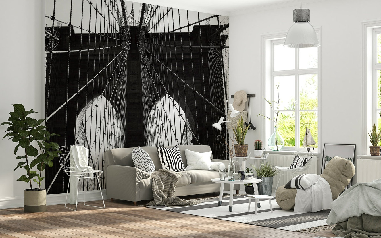 Black and white bridge cable wall mural for a contemporary bedroom interior.