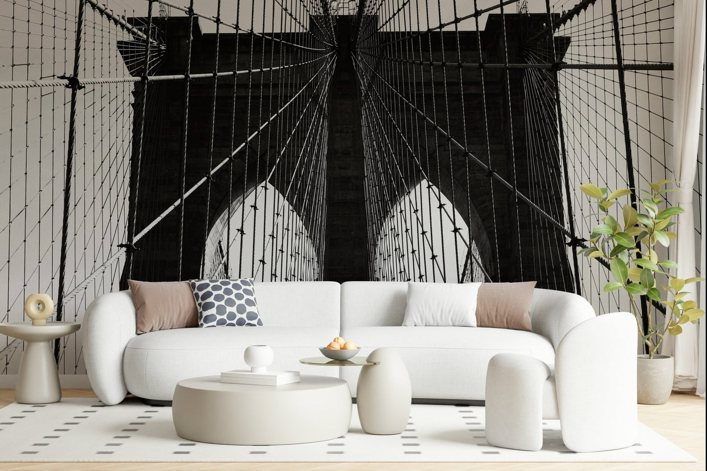 Monochrome bridge design wall mural in a minimalist dining area.