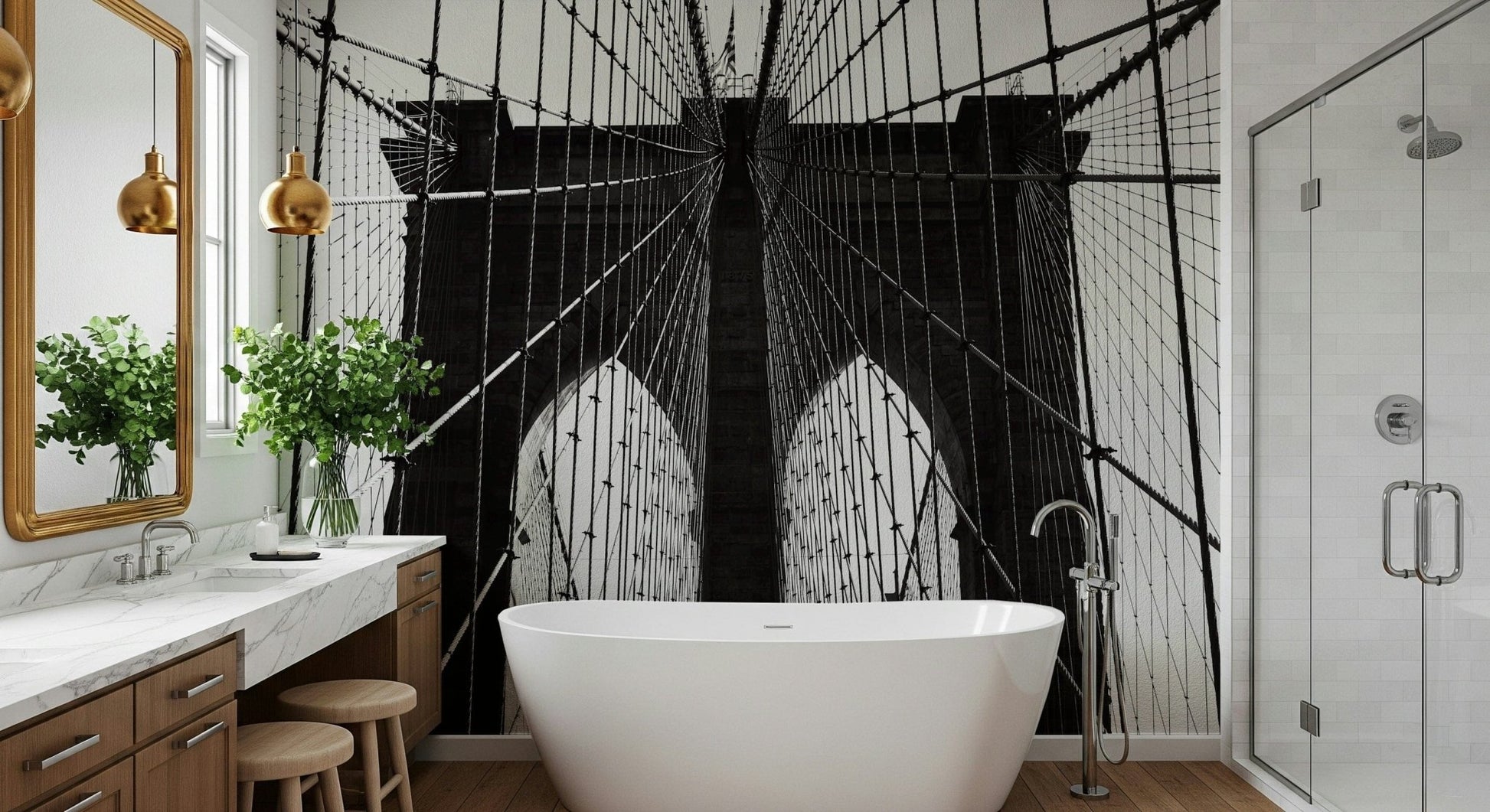 Detailed architectural wall mural in a quiet study or library.