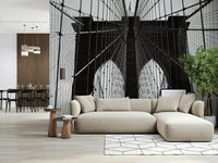 Large scale bridge wallpaper for an open plan apartment living space.
