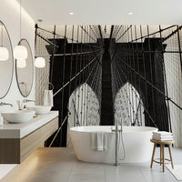 Urban architecture wallpaper for a professional home office feature wall.