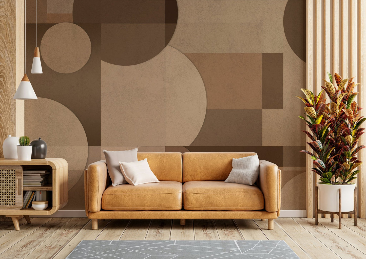 A modern wall mural with an abstract geometric pattern.

