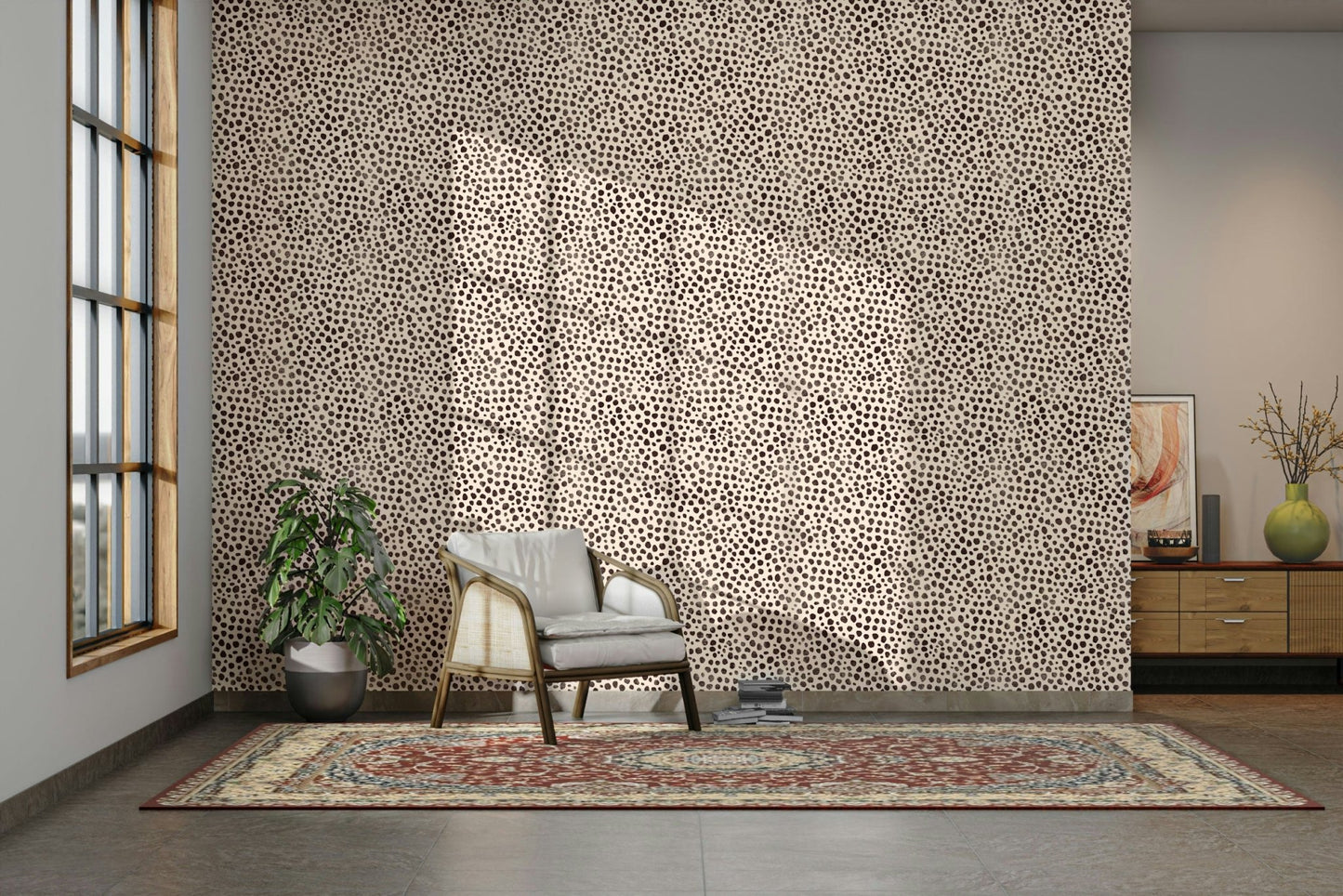 Bedroom wall with brown animal dot wallpaper

